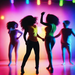 A vibrant and dynamic scene from a music video featuring a diverse group of people dancing and singing with colorful lights and a lively atmosphere