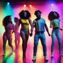 A vibrant and dynamic scene from a music video featuring a diverse group of people dancing and singing with colorful lights and a lively atmosphere