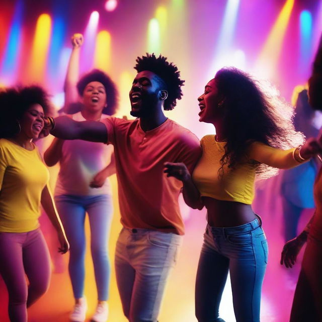 A vibrant and dynamic scene from a music video featuring a diverse group of people dancing and singing with colorful lights and a lively atmosphere