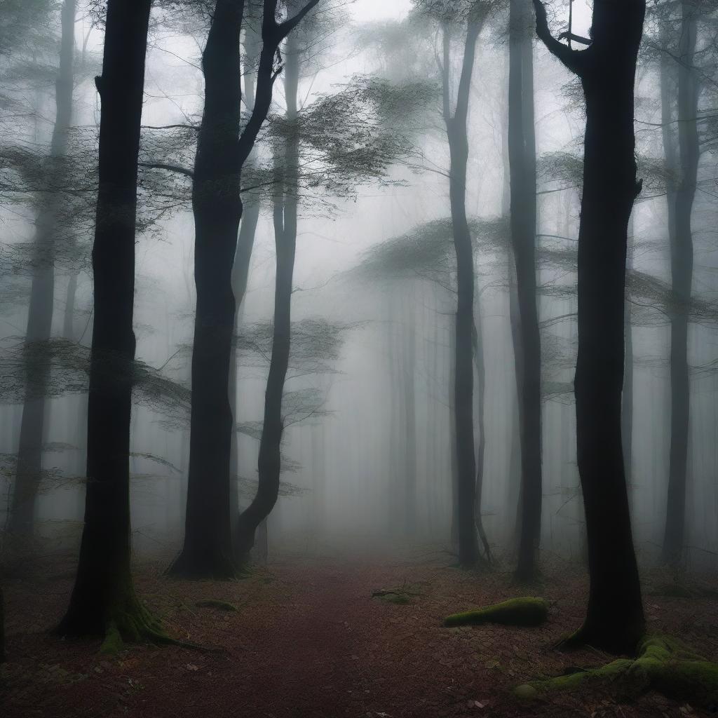 A dark and mysterious forest with dense trees and a canopy that blocks most of the sunlight