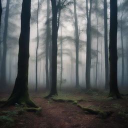 A dark and mysterious forest with dense trees and a canopy that blocks most of the sunlight