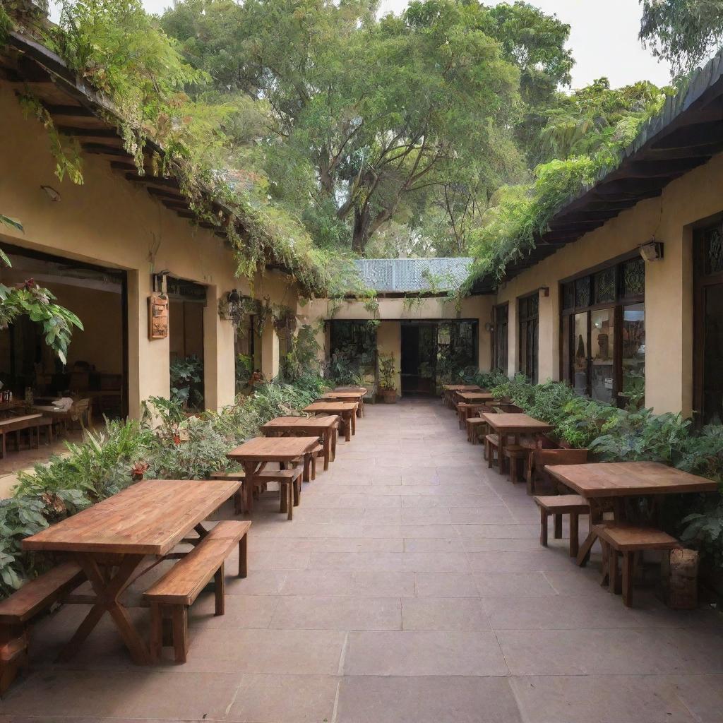 A bustling rectangular kahu galli filled with at least 20 diverse shops. It features a beautiful garden and spacious sitting areas, accommodating for more than 50 individuals at a time.