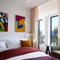 A luxurious designer room with modern furniture, tasteful art pieces, lots of natural light and creative use of colors.