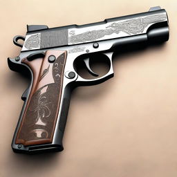 A detailed image of a firearm. The gun should be depicted with intricate details, showcasing its design and craftsmanship.