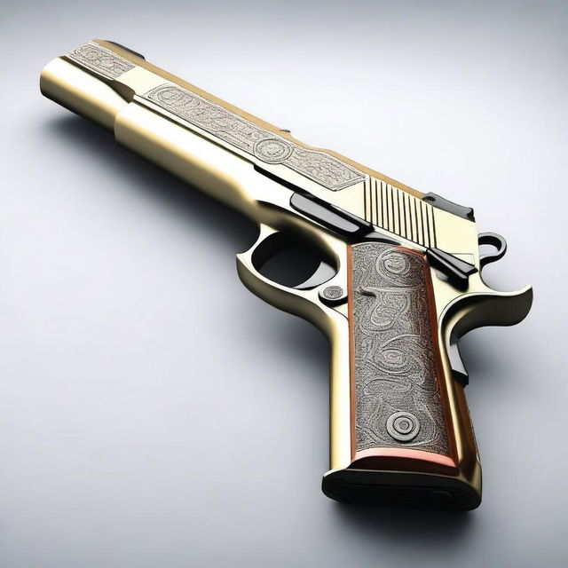 A detailed image of a firearm. The gun should be depicted with intricate details, showcasing its design and craftsmanship.