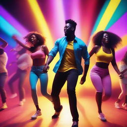 A vibrant and energetic scene from a music video, featuring dynamic lighting, colorful backgrounds, and a lively atmosphere with people dancing and enjoying the music