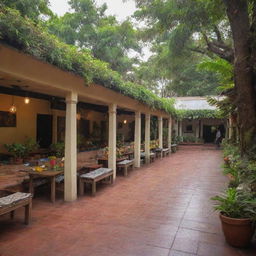 A bustling rectangular kahu galli filled with at least 20 diverse shops. It features a beautiful garden and spacious sitting areas, accommodating for more than 50 individuals at a time.