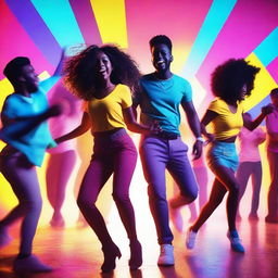 A vibrant and energetic scene from a music video, featuring dynamic lighting, colorful backgrounds, and a lively atmosphere with people dancing and enjoying the music