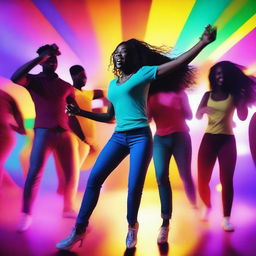 A vibrant and energetic scene from a music video, featuring dynamic lighting, colorful backgrounds, and a lively atmosphere with people dancing and enjoying the music