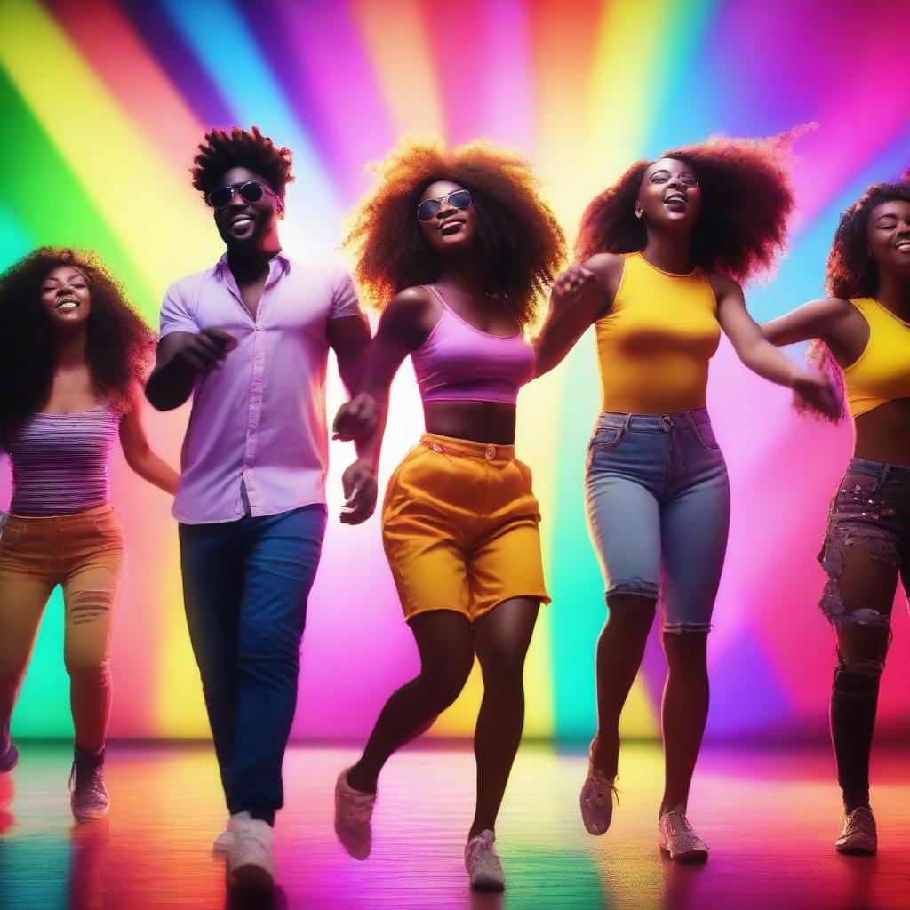 A vibrant and energetic scene from a music video, featuring dynamic lighting, colorful backgrounds, and a lively atmosphere with people dancing and enjoying the music