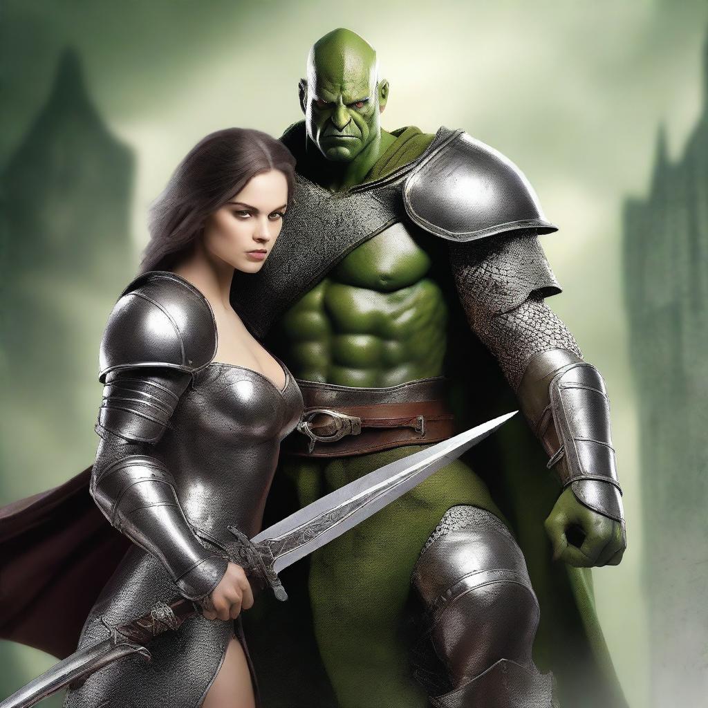 Create a romance book cover featuring half the body of a male human knight on the left, wearing silver armor and holding a large sword with both hands