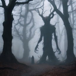 A dark, eerie forest filled with twisted, gnarled trees and an ominous atmosphere