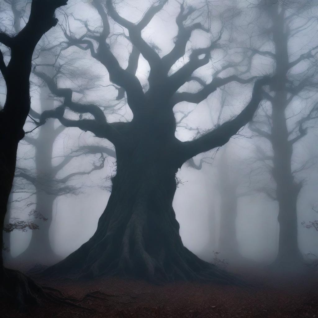 A dark, eerie forest filled with twisted, gnarled trees and an ominous atmosphere