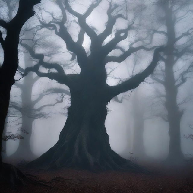 A dark, eerie forest filled with twisted, gnarled trees and an ominous atmosphere