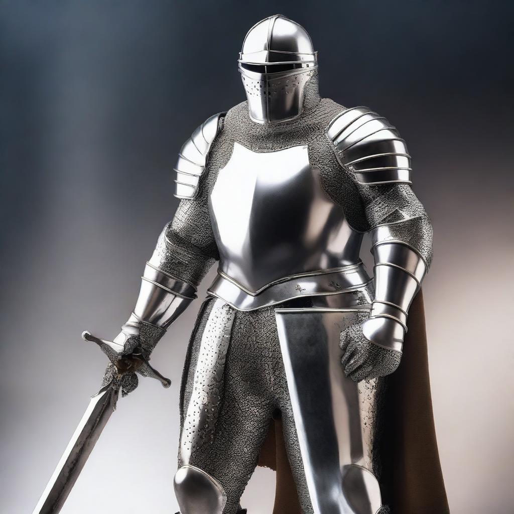 A large, bulky, and attractive knight wearing full medieval armor in silver