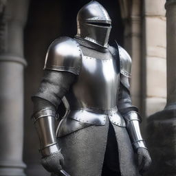 A large, bulky, and attractive knight wearing full medieval armor in silver