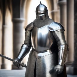 A large, bulky, and attractive knight wearing full medieval armor in silver