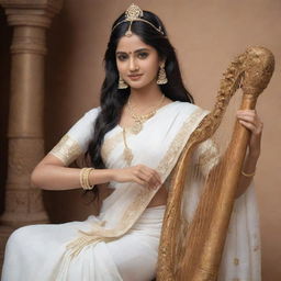 Ultra-realistic representation of Goddess Saraswati in 8k, clothed in a white sari, adorned with white jewellery. She has long hair and a beautiful face holding a harp, gracefully seated on a large drum.