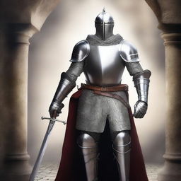 Create a romance book cover featuring a knight in full medieval silver armor, holding a large sword