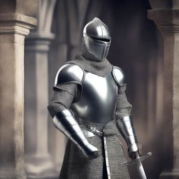 Create a romance book cover featuring a knight in full medieval silver armor, holding a large sword