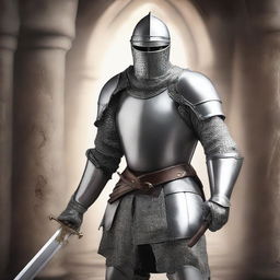 Create a romance book cover featuring a knight in full medieval silver armor, holding a large sword