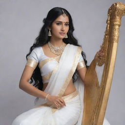 Ultra-realistic representation of Goddess Saraswati in 8k, clothed in a white sari, adorned with white jewellery. She has long hair and a beautiful face holding a harp, gracefully seated on a large drum.