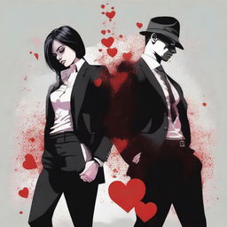 Create an image with two characters, a man and a woman, standing back to back