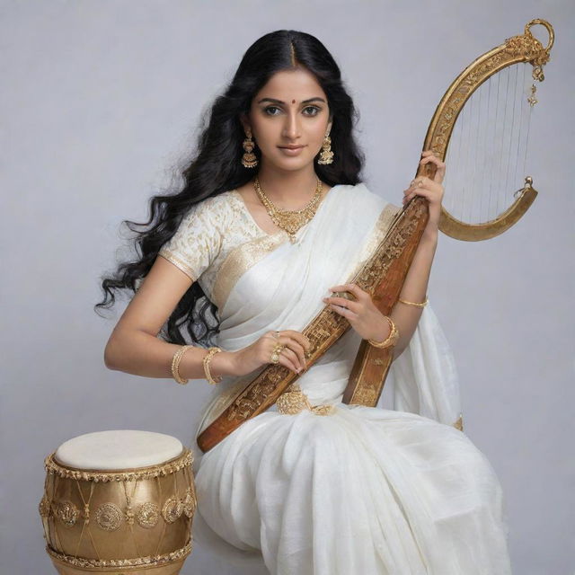 Ultra-realistic representation of Goddess Saraswati in 8k, clothed in a white sari, adorned with white jewellery. She has long hair and a beautiful face holding a harp, gracefully seated on a large drum.