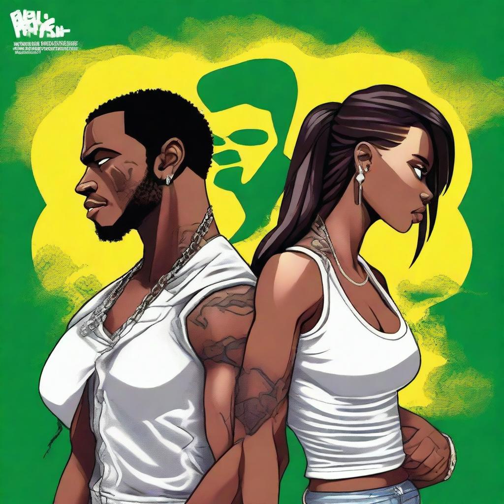 Create an image with two characters, a man and a woman, standing back to back