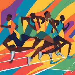 A detailed illustration of an athletics track with runners in action, captured in a dynamic and energetic style