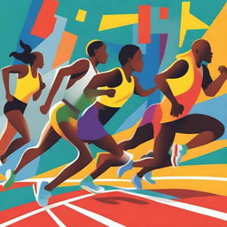 A detailed illustration of an athletics track with runners in action, captured in a dynamic and energetic style