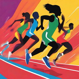 A detailed illustration of an athletics track with runners in action, captured in a dynamic and energetic style