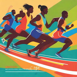 A detailed illustration of an athletics track with runners in action, captured in a dynamic and energetic style