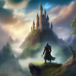 A captivating fantasy book cover featuring a mystical landscape with towering castles, enchanted forests, and a heroic figure holding a magical sword