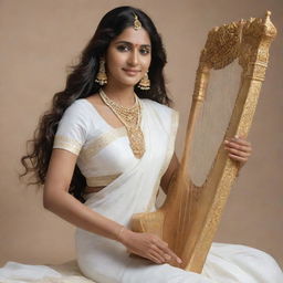 Ultra-realistic representation of Goddess Saraswati in 8k, clothed in a white sari, adorned with white jewellery. She has long hair and a beautiful face holding a harp, gracefully seated on a large drum.