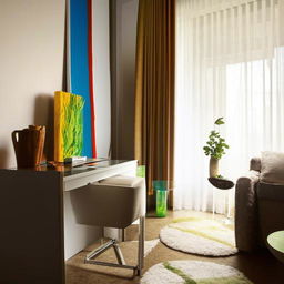 A luxurious designer room with modern furniture, tasteful art pieces, lots of natural light and creative use of colors.