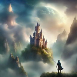 A captivating fantasy book cover featuring a mystical landscape with towering castles, enchanted forests, and a heroic figure holding a magical sword