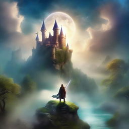 A captivating fantasy book cover featuring a mystical landscape with towering castles, enchanted forests, and a heroic figure holding a magical sword