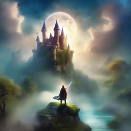 A captivating fantasy book cover featuring a mystical landscape with towering castles, enchanted forests, and a heroic figure holding a magical sword