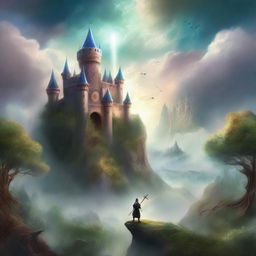 A captivating fantasy book cover featuring a mystical landscape with towering castles, enchanted forests, and a heroic figure holding a magical sword