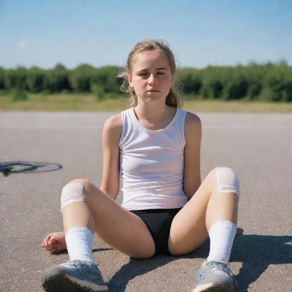 A teary-eyed young girl with a bandaged knee, sitting on the ground, with a bicycle fallen nearby under a bright sunny sky.