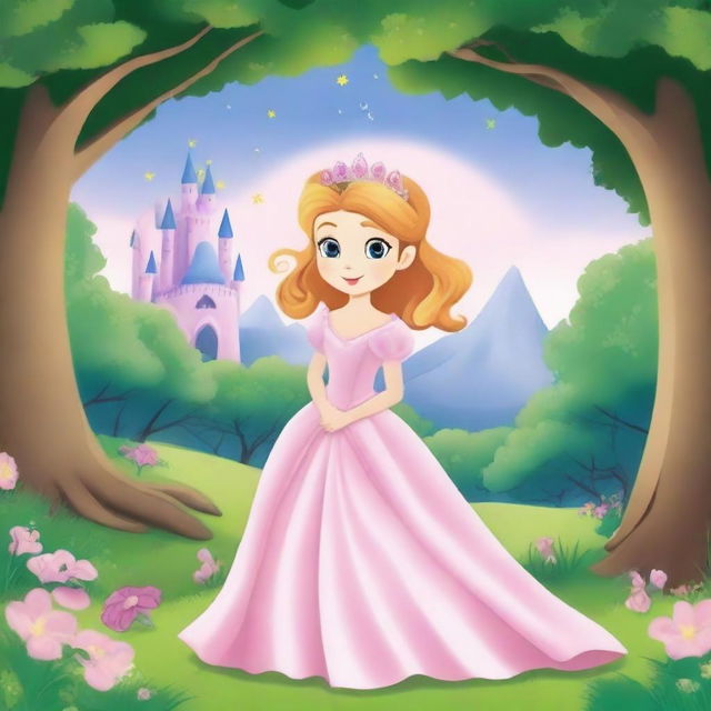 Create a book cover featuring a beautiful princess in a magical kingdom