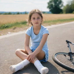 A teary-eyed young girl with a bandaged knee, sitting on the ground, with a bicycle fallen nearby under a bright sunny sky.