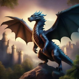 A captivating fantasy book cover featuring a majestic dragon soaring over a medieval castle with a mystical forest in the background