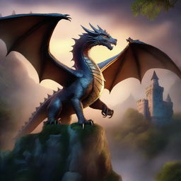 A captivating fantasy book cover featuring a majestic dragon soaring over a medieval castle with a mystical forest in the background