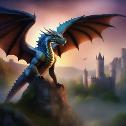 A captivating fantasy book cover featuring a majestic dragon soaring over a medieval castle with a mystical forest in the background