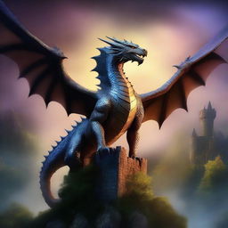 A captivating fantasy book cover featuring a majestic dragon soaring over a medieval castle with a mystical forest in the background