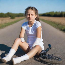 A teary-eyed young girl with a bandaged knee, sitting on the ground, with a bicycle fallen nearby under a bright sunny sky.