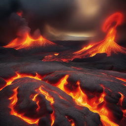 A visually striking image of a fiery landscape with intense flames and molten lava