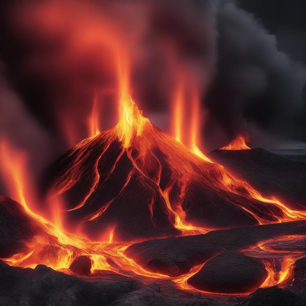 A visually striking image of a fiery landscape with intense flames and molten lava